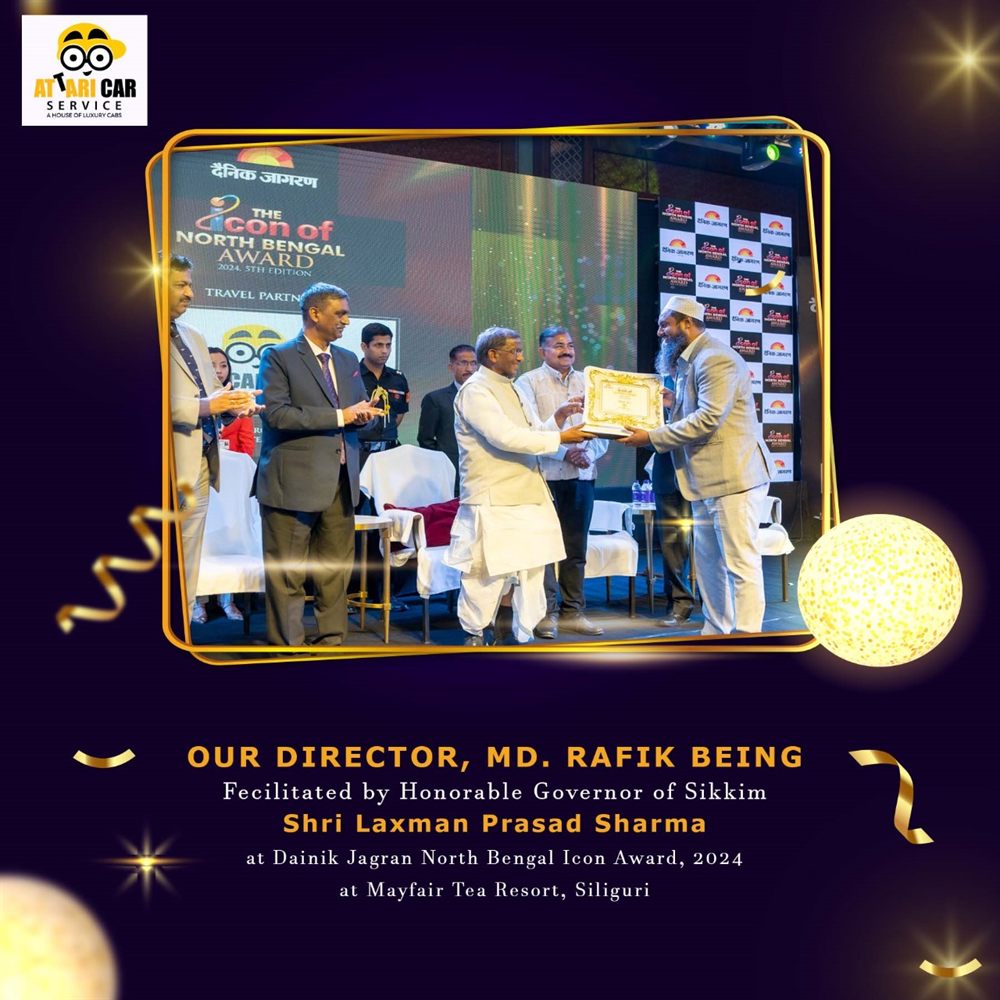 Attari Car Service director Md. Rafik being felicitated by the Governor of Sikkim on stage at the Dainik Jagran Icon of North Bengal Award 2024