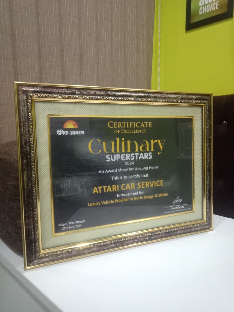 Framed Dainik Jagran Certificate of Excellence recognising Attari Car Service as Luxury Vehicle Provider in North Bengal and Sikkim