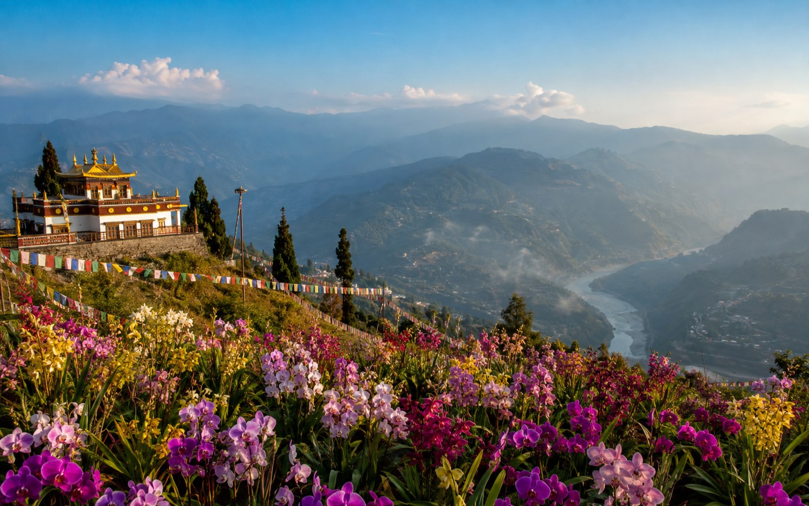 Orchid gardens overlooking the Teesta valley in Kalimpong